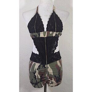 The Floodline Dress Small Mini Camouflage Lace Rhinestone Exotic Halter